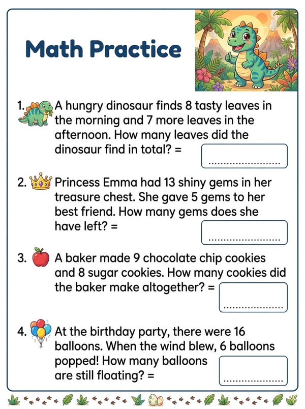 A real EduLab worksheet: Math Practice, four dinosaur-themed word problems with answer boxes